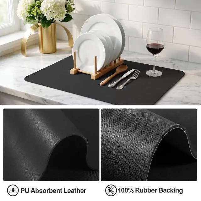 Alt view image 4 of 6 - Dish Drying Mat for Kitchen Counter | Coffee Bar Mat for Countertops | Heat Resistant Drainer Mat with Non-slip Rubber Backed | Hide Stain Kitchen Absorbent Draining Mat | Black 16"x18"