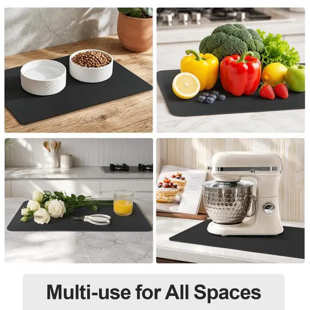 Alt view image 6 of 6 - Dish Drying Mat for Kitchen Counter | Coffee Bar Mat for Countertops | Heat Resistant Drainer Mat with Non-slip Rubber Backed | Hide Stain Kitchen Absorbent Draining Mat | Black 16"x18"