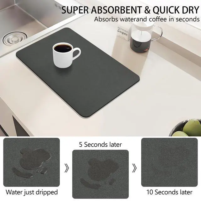 Alt view image 3 of 7 - Dish Drying Mat for Kitchen Counter, 12 x 19 Super Absorbent Kitchen Dish Drying Pad, Coffee Bar Mat with Rubber Backed, Coffee Bar Accessories for Countertop Dishes Utensils, Dark Gray