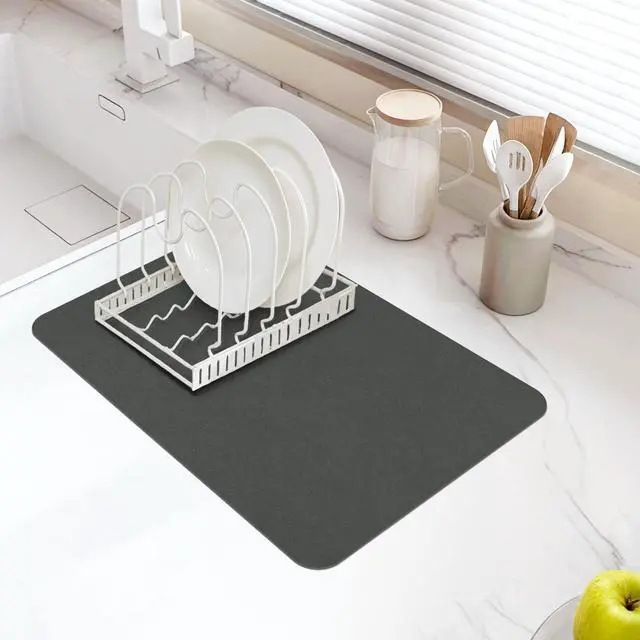 Alt view image 4 of 7 - Dish Drying Mat for Kitchen Counter, 12 x 19 Super Absorbent Kitchen Dish Drying Pad, Coffee Bar Mat with Rubber Backed, Coffee Bar Accessories for Countertop Dishes Utensils, Dark Gray