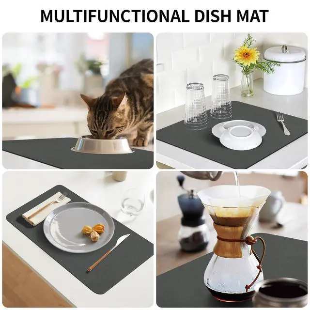 Alt view image 6 of 7 - Dish Drying Mat for Kitchen Counter, 12 x 19 Super Absorbent Kitchen Dish Drying Pad, Coffee Bar Mat with Rubber Backed, Coffee Bar Accessories for Countertop Dishes Utensils, Dark Gray
