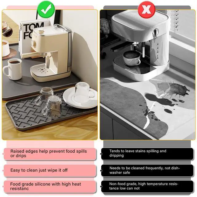 Alt view image 4 of 7 - Coffee Mat, 19" x 12" Silicone Coffee Bar Mat, Non-Slip Espresso Machine Mat with 0.44" Raised Edges, Waterproof Heat Resistant Countertop Protector, Dishwasher Safe