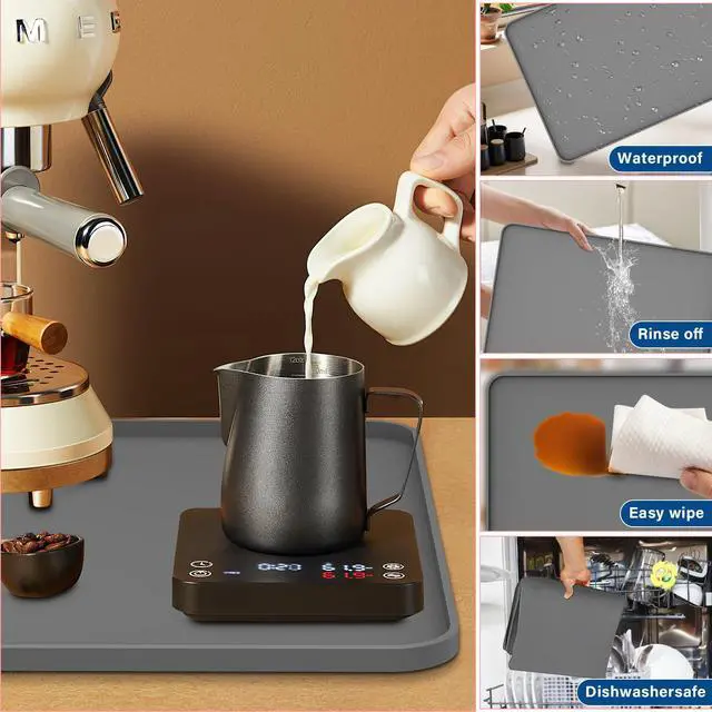 Alt view image 6 of 7 - Coffee Mat, 19" x 12" Silicone Coffee Bar Mat, Non-Slip Espresso Machine Mat with 0.44" Raised Edges, Waterproof Heat Resistant Countertop Protector, Dishwasher Safe