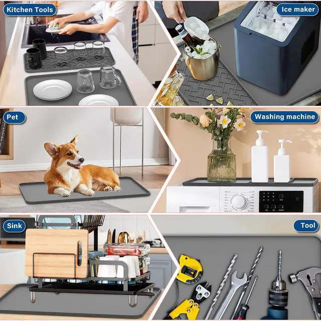 Alt view image 5 of 7 - Coffee Mat, 19" x 12" Silicone Coffee Bar Mat, Non-Slip Espresso Machine Mat with 0.44" Raised Edges, Waterproof Heat Resistant Countertop Protector, Dishwasher Safe