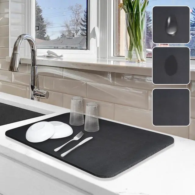Main image of Dish Drying Mat for Kitchen Counter, 12"x19" Dish Drying Pad with Non-slip Rubber Backed, Hide Stain Anti Absorbent for Kitchen Counter, Drying Mat for Coffee Machine Dish Rack (Black)