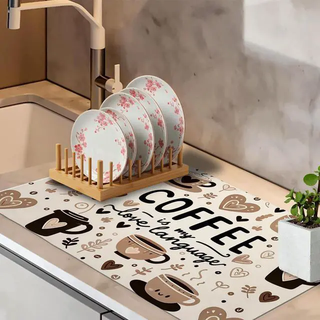 Alt view image 4 of 5 - Coffee Mat for Kitchen Counter, 12" x 20" Super Absorbent Dish Drying Mat Hide Stain Bar Mats with Non-slip Rubber Backed, Kitchen Drying Pad for Countertops, Coffee Maker, Espresso Machine