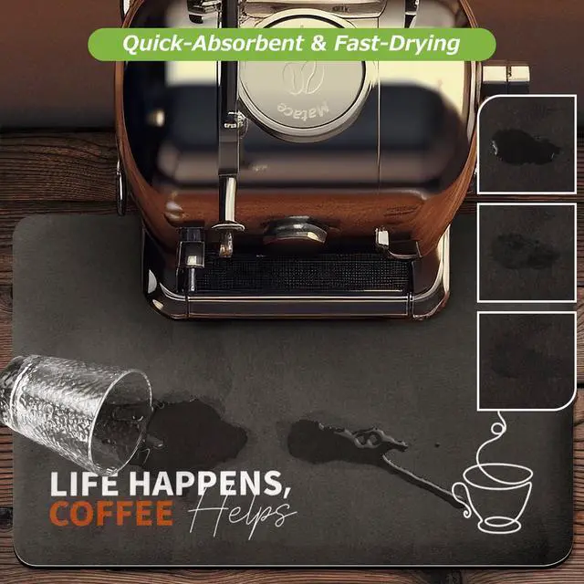 Alt view image 5 of 7 - Coffee Mat for Countertop, 12" x 19" Absorbent Coffee Bar Mat, Funny Coffee Station Decor, Hide Stains Dish Drying Mat for Kitchen, Life Happens Coffee Helps