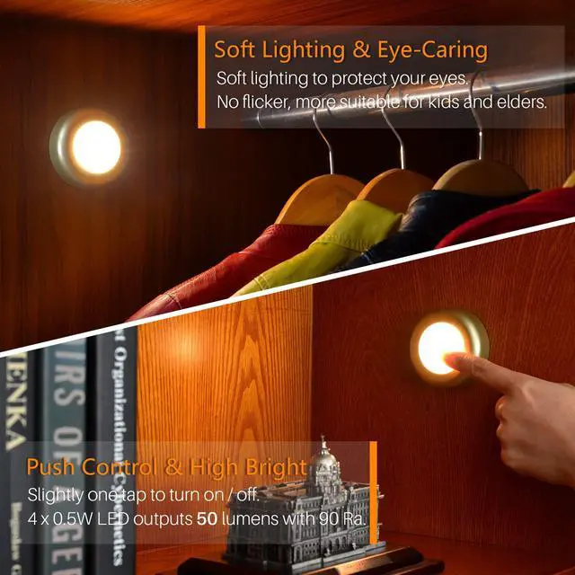 Alt view image 2 of 7 - 5 Pack 2.8 Push Tap Lights, Stick on Touch Puck Lights AAA Battery Operated, LED Sticky Button Lamps for Classroom, Kitchen, Under Cabinet, Closet (Golden, Warm White)