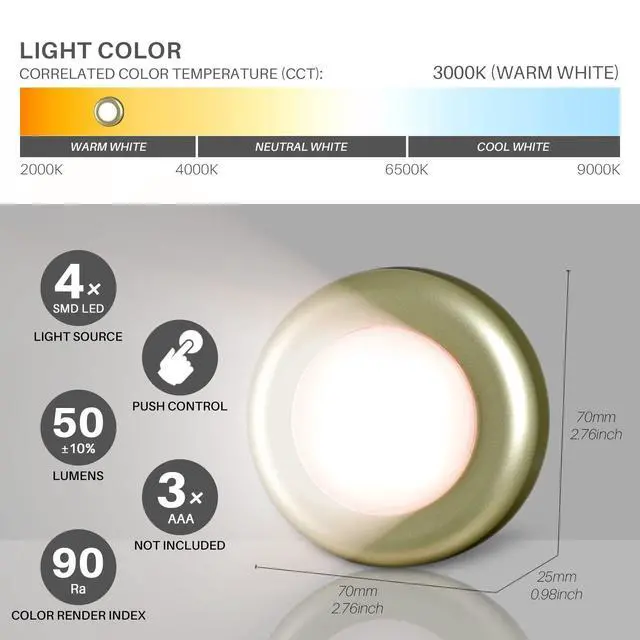 Alt view image 4 of 7 - 5 Pack 2.8 Push Tap Lights, Stick on Touch Puck Lights AAA Battery Operated, LED Sticky Button Lamps for Classroom, Kitchen, Under Cabinet, Closet (Golden, Warm White)