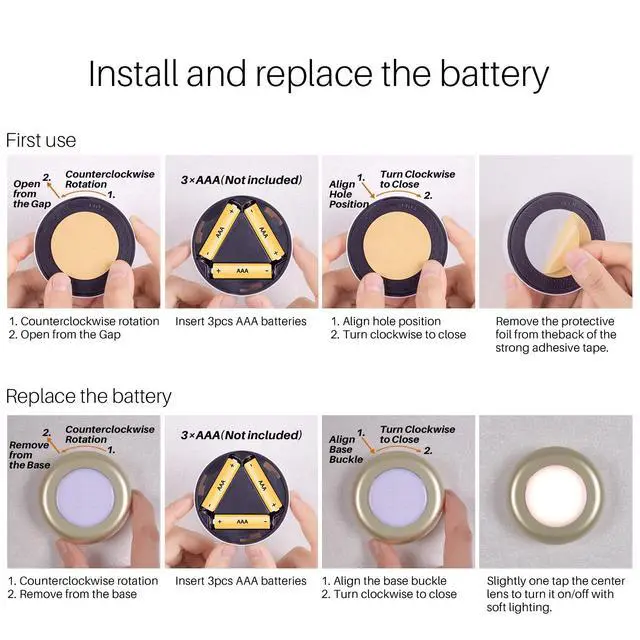 Alt view image 5 of 7 - 5 Pack 2.8 Push Tap Lights, Stick on Touch Puck Lights AAA Battery Operated, LED Sticky Button Lamps for Classroom, Kitchen, Under Cabinet, Closet (Golden, Warm White)