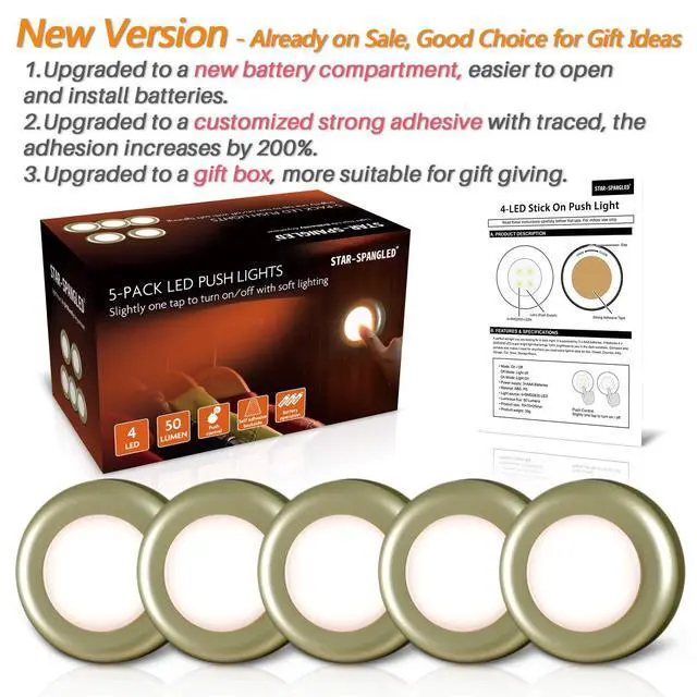 Alt view image 6 of 7 - 5 Pack 2.8 Push Tap Lights, Stick on Touch Puck Lights AAA Battery Operated, LED Sticky Button Lamps for Classroom, Kitchen, Under Cabinet, Closet (Golden, Warm White)