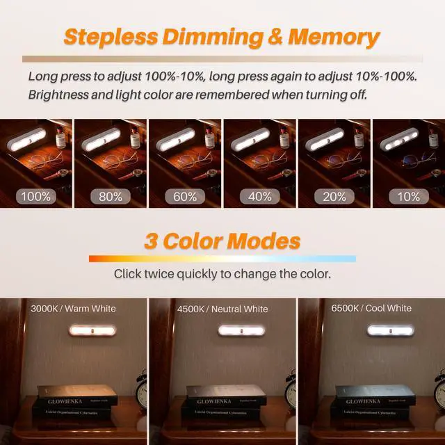 Alt view image 2 of 7 - 3 Pack 7 Dimmable Push Tap Lights, Stick on LED Touch Lights AAA Battery Operated for Kitchen, Closet, Under Cabinet, 3 Color Modes