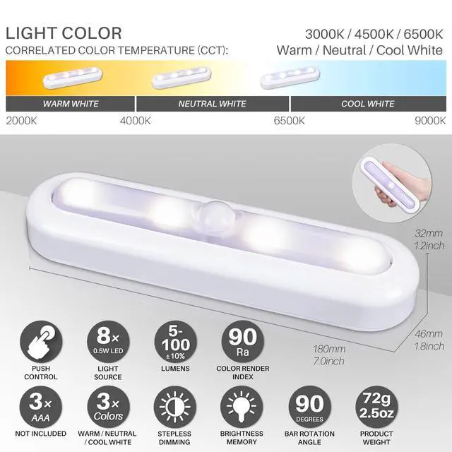 Alt view image 3 of 7 - 3 Pack 7 Dimmable Push Tap Lights, Stick on LED Touch Lights AAA Battery Operated for Kitchen, Closet, Under Cabinet, 3 Color Modes