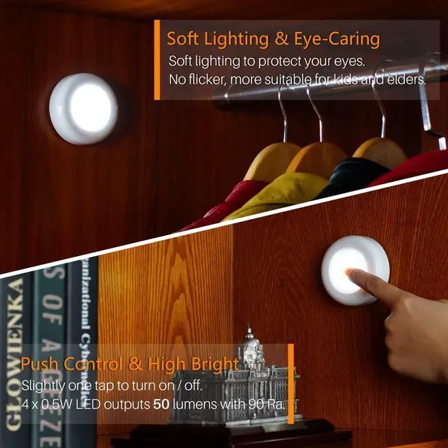 Alt view image 2 of 7 - Push Tap Light, 2.8 Mini Night Touch LED Puck Lamp, Portable Under Cabinet Lighting AAA Battery Operated Powered, DIY Stick On Lights for Closet, Counter, Kitchen, Cool White, 5 Pack