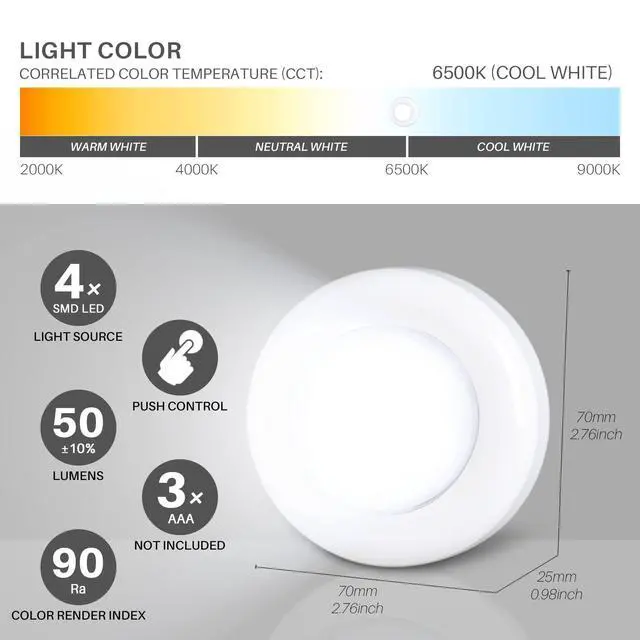 Alt view image 3 of 7 - Push Tap Light, 2.8 Mini Night Touch LED Puck Lamp, Portable Under Cabinet Lighting AAA Battery Operated Powered, DIY Stick On Lights for Closet, Counter, Kitchen, Cool White, 5 Pack