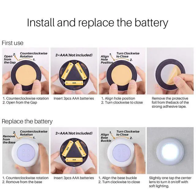 Alt view image 5 of 7 - Push Tap Light, 2.8 Mini Night Touch LED Puck Lamp, Portable Under Cabinet Lighting AAA Battery Operated Powered, DIY Stick On Lights for Closet, Counter, Kitchen, Cool White, 5 Pack