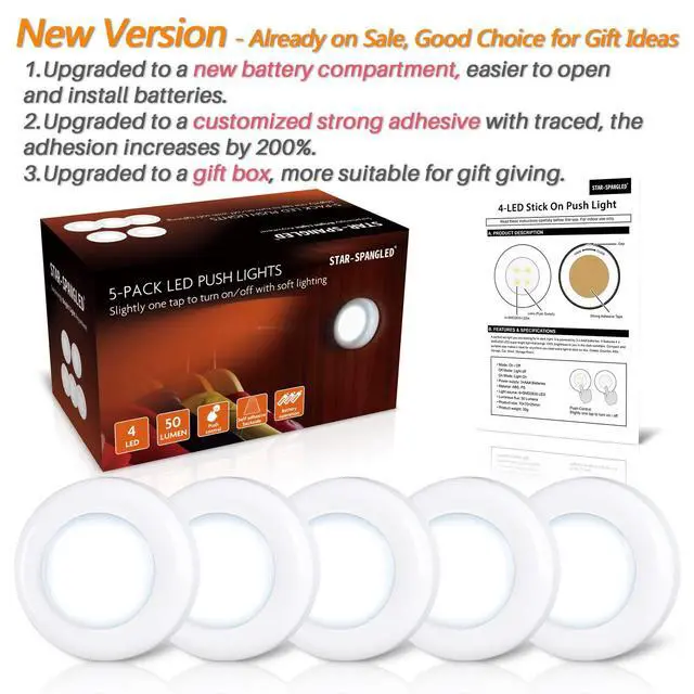Alt view image 6 of 7 - Push Tap Light, 2.8 Mini Night Touch LED Puck Lamp, Portable Under Cabinet Lighting AAA Battery Operated Powered, DIY Stick On Lights for Closet, Counter, Kitchen, Cool White, 5 Pack