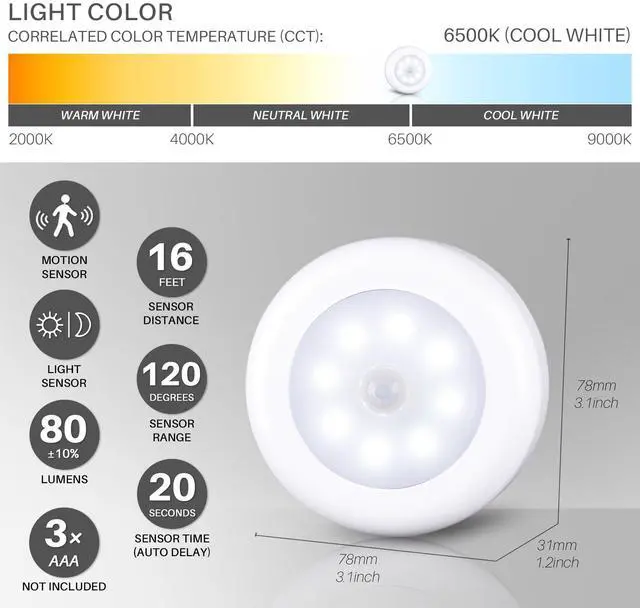 Alt view image 5 of 7 - 3 Pack 3.1 Motion Sensor Lights Indoor AA Battery Operated, Stick on LED Puck Light for Closet, Stairs, Under Cabinet, Kitchen, Cool White