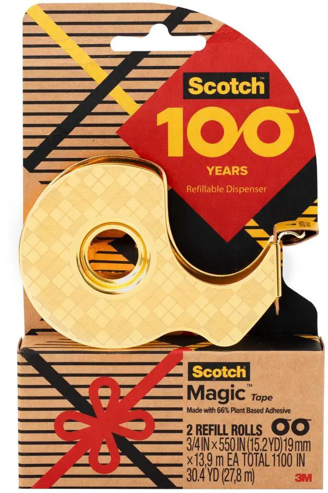 Main image of 100-Year Anniversary Limited Edition Gold Tape Dispenser with 2 Magic Tape Refills (3/4 in x 550 in Roll, 66% Plant-Based Adhesive), Refillable, Single Pack
