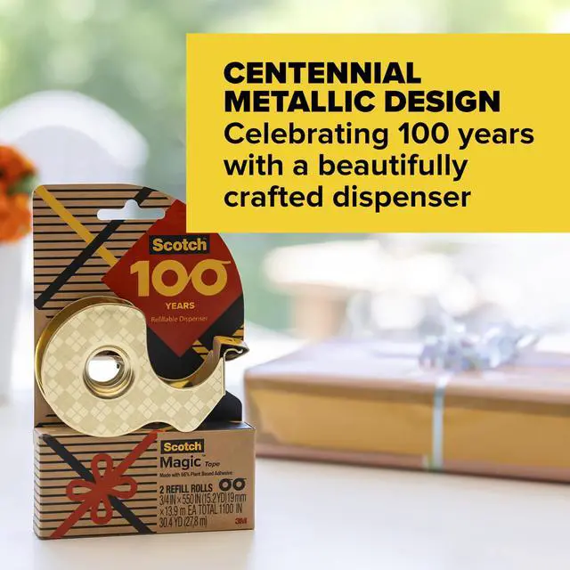 Alt view image 3 of 6 - 100-Year Anniversary Limited Edition Gold Tape Dispenser with 2 Magic Tape Refills (3/4 in x 550 in Roll, 66% Plant-Based Adhesive), Refillable, Single Pack