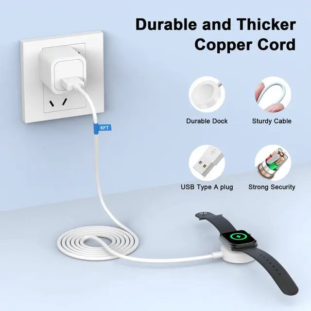 Alt view image 3 of 7 - Watch Charger for Apple Watch Charger,Long 6.6FT iWatch Portable Wireless Fast Charging Cable Cord with USB Wall Charge Plug Adapter Block Compatible with Apple Watch Series 10/9/8/7/SE/6/5/4/3/2