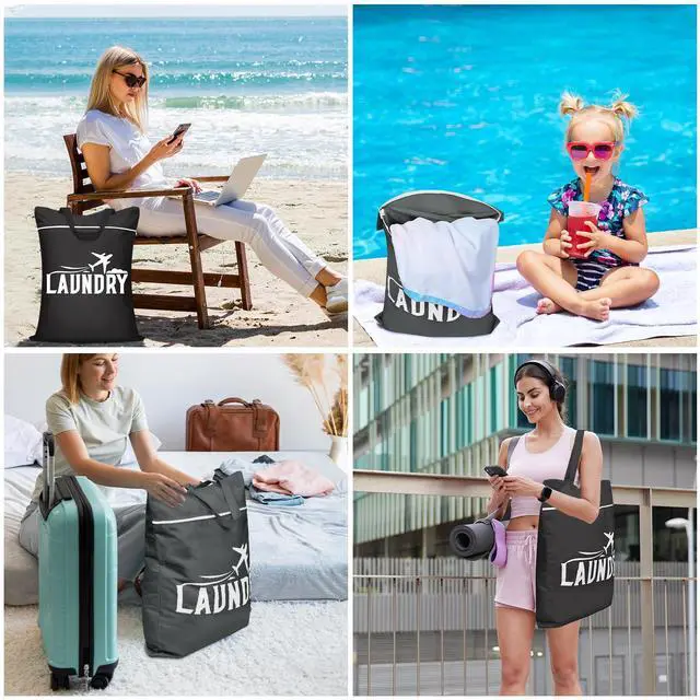 Alt view image 5 of 7 - 2 Pcs Large Travel Laundry Bags - Washable Waterproof Wet Dry Bags for Dirty Clothes, Swimsuits, Gym Clothes, Laundry, Swimming Pool, Yoga, College Dorm (Black+Grey)