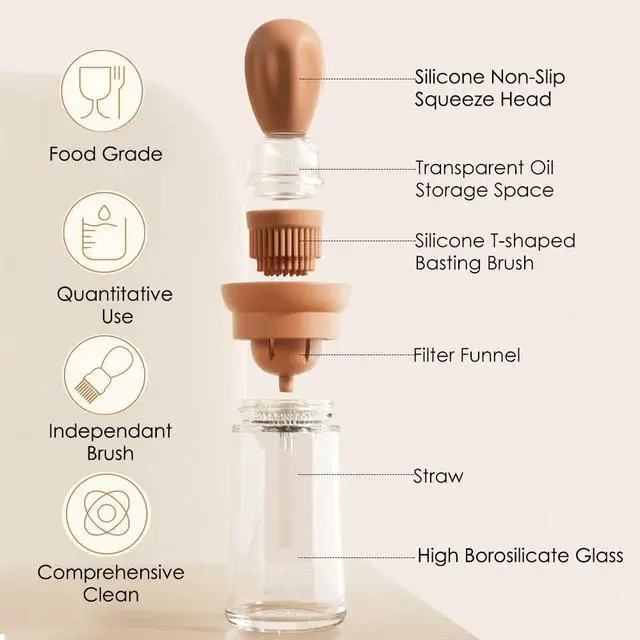 Alt view image 3 of 7 - Oil Dispenser with Brush - Glass Olive Oil Dispenser for Kitchen, 2 IN 1 Oil Dispenser Bottle with Silicone Basting Brush for Cooking Vinegar Sauce BBQ Grill Frying, T-OB21, Grey