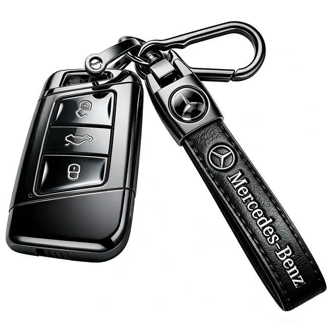 Alt view image 4 of 4 - Genuine Leather Car Keychain for Mercedes Benz Key Chain for Men and Women Family Present Key Ring Accessories(Black)