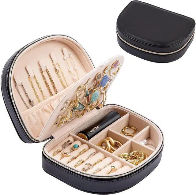Main image of Travel Size Jewelry Box, Medium Portable Seashell-Shaped Jewelry Case, 2 Layer Jewelry Organizer in PU Leather for Women -Black
