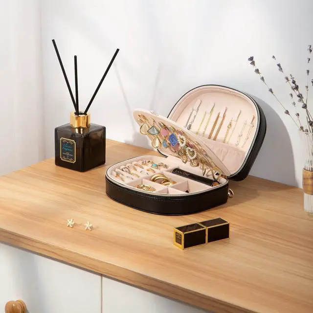 Alt view image 2 of 7 - Travel Size Jewelry Box, Medium Portable Seashell-Shaped Jewelry Case, 2 Layer Jewelry Organizer in PU Leather for Women -Black
