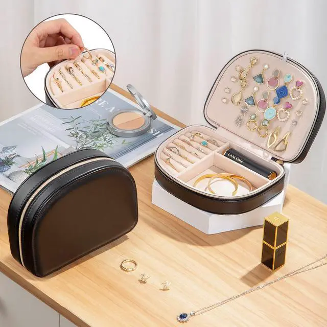 Alt view image 3 of 7 - Travel Size Jewelry Box, Medium Portable Seashell-Shaped Jewelry Case, 2 Layer Jewelry Organizer in PU Leather for Women -Black