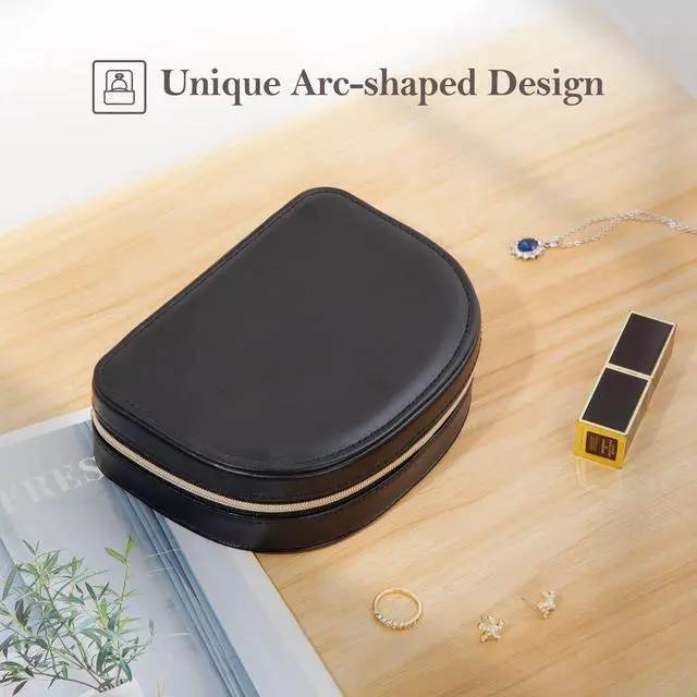 Alt view image 5 of 7 - Travel Size Jewelry Box, Medium Portable Seashell-Shaped Jewelry Case, 2 Layer Jewelry Organizer in PU Leather for Women -Black