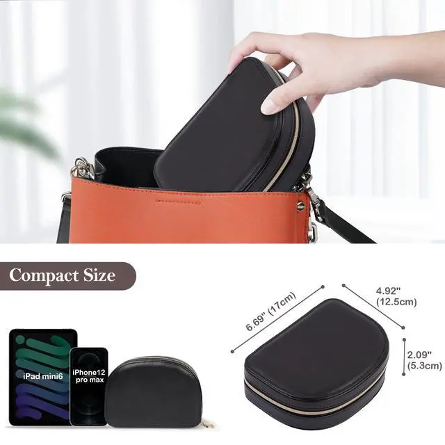 Alt view image 6 of 7 - Travel Size Jewelry Box, Medium Portable Seashell-Shaped Jewelry Case, 2 Layer Jewelry Organizer in PU Leather for Women -Black