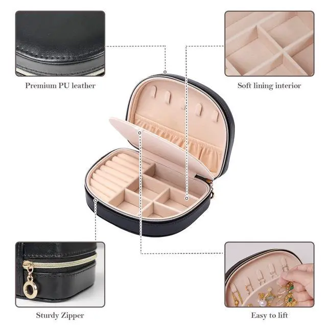 Alt view image 7 of 7 - Travel Size Jewelry Box, Medium Portable Seashell-Shaped Jewelry Case, 2 Layer Jewelry Organizer in PU Leather for Women -Black