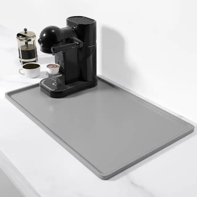 Main image of Rnivvi Silicone Coffee Mat, 12" x 19" Waterproof Raised Edge Coffee Bar Mats for Espresso Machine Station Accessories, Heat Resistant Dish Drying Pad for Kitchen Counter, Rubber Bar Decor Pad, Gray