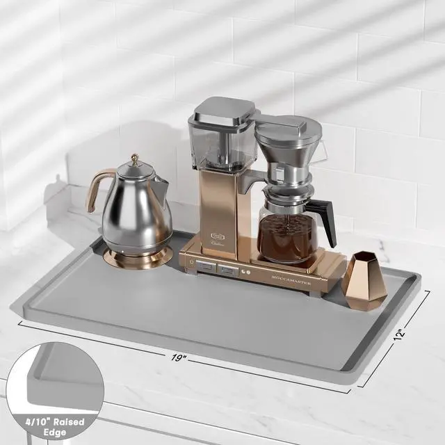 Alt view image 3 of 7 - Rnivvi Silicone Coffee Mat, 12" x 19" Waterproof Raised Edge Coffee Bar Mats for Espresso Machine Station Accessories, Heat Resistant Dish Drying Pad for Kitchen Counter, Rubber Bar Decor Pad, Gray