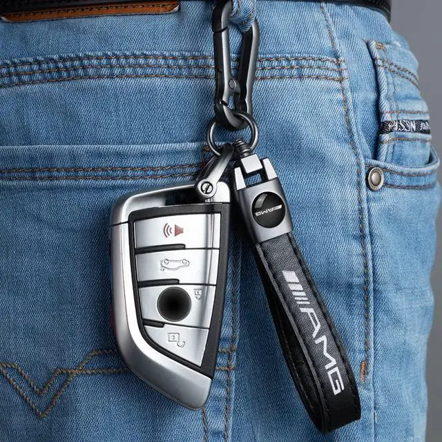 Alt view image 4 of 5 - Genuine Leather Car Keychain Keyring Accessories Compatible with Mercedes-Benz AMG Series Car Keychains Family Present for Man and Woman Black