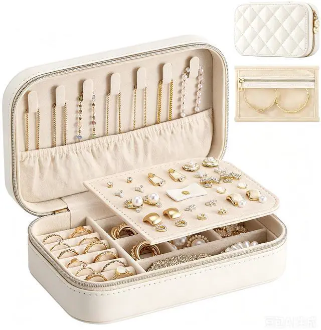 Main image of Travel Jewelry Case for Women Girls, Travel Jewelry Organizer with Clear Storage Bag Small Portable Jewelry Box for Necklace Bracelet Earring Ring Valentines Bridesmaid Gifts -Medium/Beige