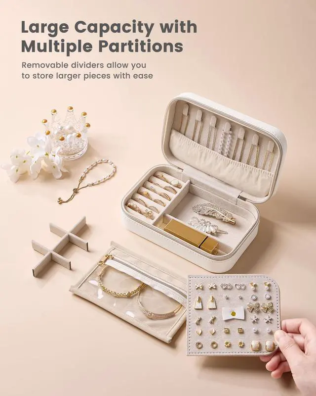 Alt view image 4 of 7 - Travel Jewelry Case for Women Girls, Travel Jewelry Organizer with Clear Storage Bag Small Portable Jewelry Box for Necklace Bracelet Earring Ring Valentines Bridesmaid Gifts -Medium/Beige