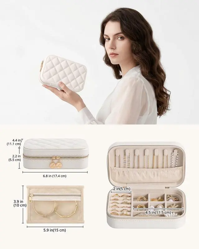 Alt view image 5 of 7 - Travel Jewelry Case for Women Girls, Travel Jewelry Organizer with Clear Storage Bag Small Portable Jewelry Box for Necklace Bracelet Earring Ring Valentines Bridesmaid Gifts -Medium/Beige