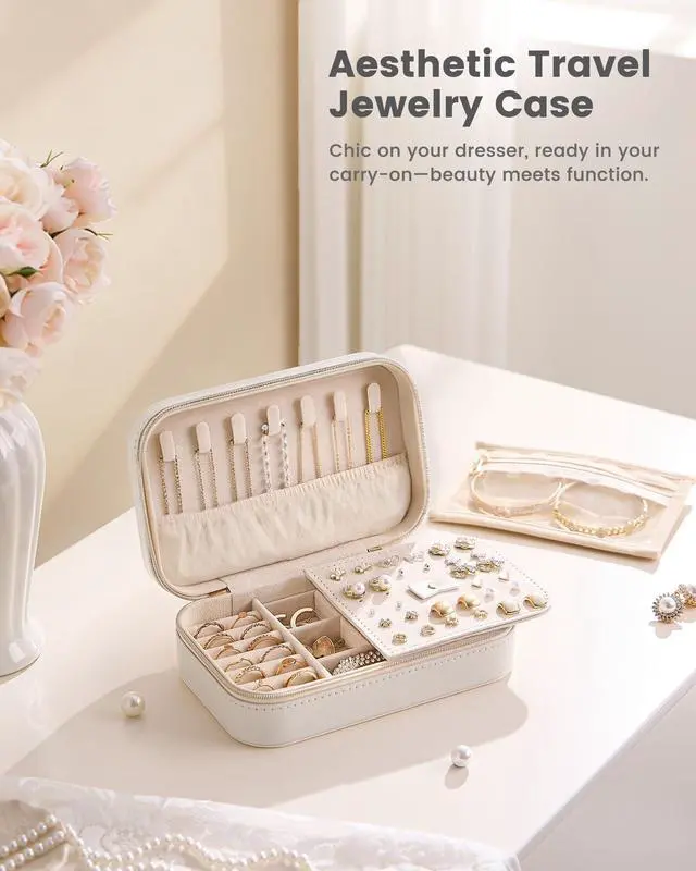 Alt view image 6 of 7 - Travel Jewelry Case for Women Girls, Travel Jewelry Organizer with Clear Storage Bag Small Portable Jewelry Box for Necklace Bracelet Earring Ring Valentines Bridesmaid Gifts -Medium/Beige