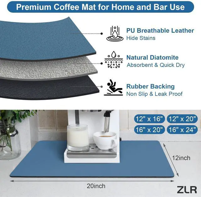 Alt view image 3 of 7 - Coffee Bar Mat for Espresso Machine, 12"x20" Medium, Navy Blue