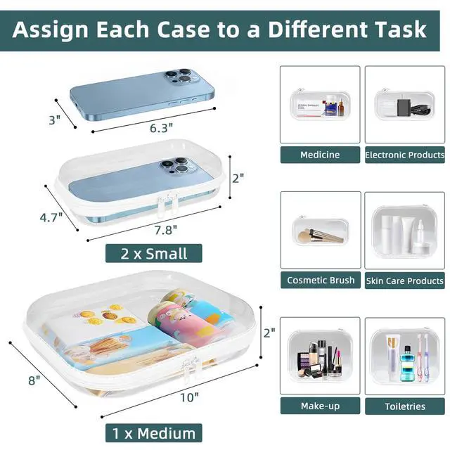 Alt view image 3 of 7 - Clear Hard Shell Zipper Cases(3 Packs), Plastic Hard Sided Zippers Pouches Clear Hardshell Pencil Case For Storage, Diaper Bag Organizer Bliss Bins 2*Small/1*Medium