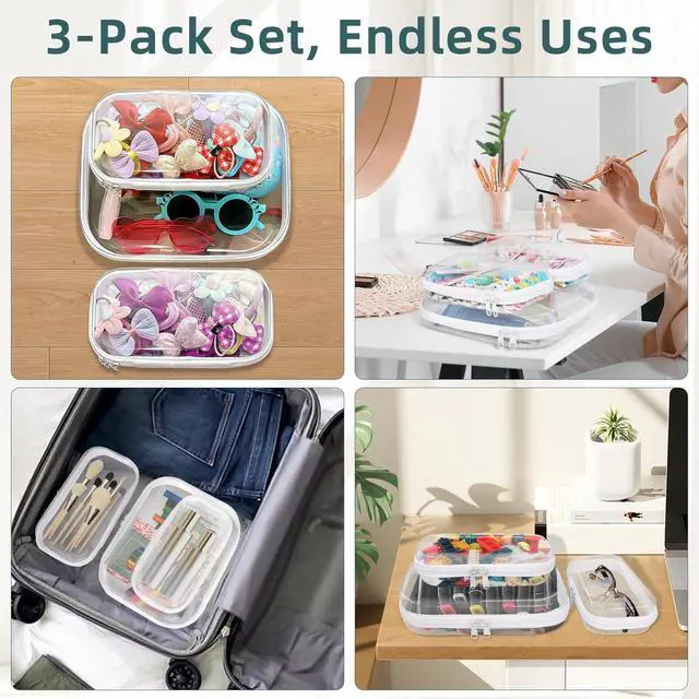Alt view image 2 of 7 - Clear Hard Shell Zipper Cases(3 Packs), Plastic Hard Sided Zippers Pouches Clear Hardshell Pencil Case For Storage, Diaper Bag Organizer Bliss Bins 2*Small/1*Medium