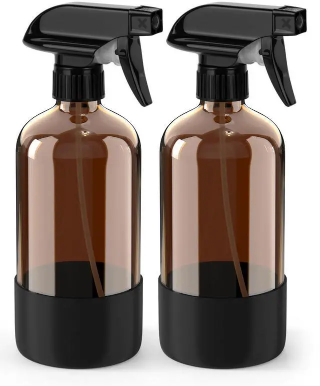 Main image of Glass Spray Bottle with Silicone Sleeve Protection, Amber Glass Spray Bottle Set for Window Cleaner Aromatherapy Facial Hydration Watering Flowers Hair Care 2 Pack/16 oz (Black)