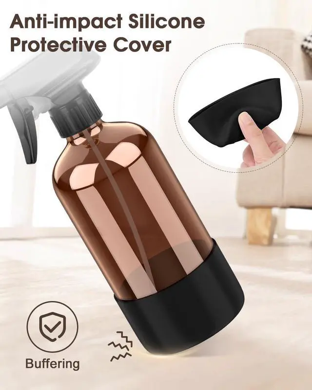 Alt view image 4 of 7 - Glass Spray Bottle with Silicone Sleeve Protection, Amber Glass Spray Bottle Set for Window Cleaner Aromatherapy Facial Hydration Watering Flowers Hair Care 2 Pack/16 oz (Black)