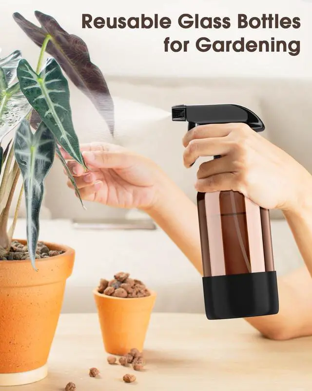 Alt view image 7 of 7 - Glass Spray Bottle with Silicone Sleeve Protection, Amber Glass Spray Bottle Set for Window Cleaner Aromatherapy Facial Hydration Watering Flowers Hair Care 2 Pack/16 oz (Black)