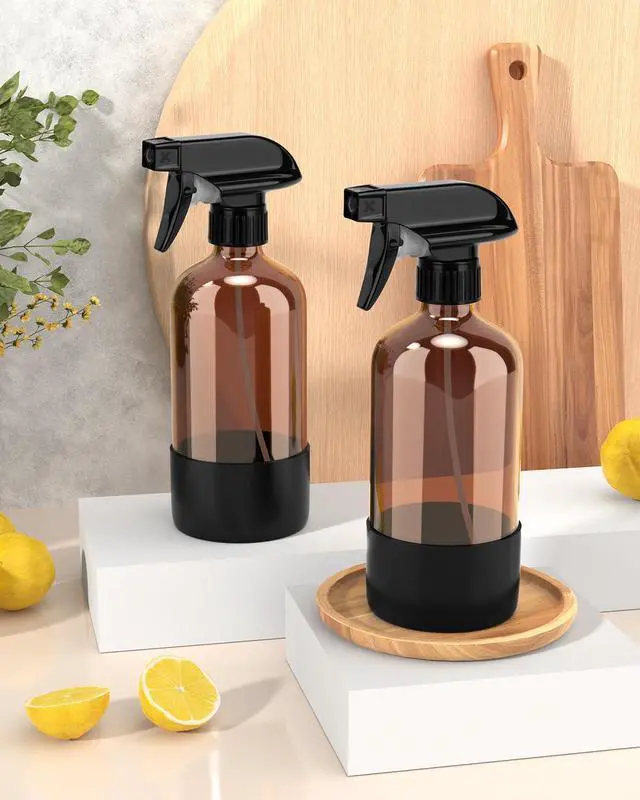Alt view image 6 of 7 - Glass Spray Bottle with Silicone Sleeve Protection, Amber Glass Spray Bottle Set for Window Cleaner Aromatherapy Facial Hydration Watering Flowers Hair Care 2 Pack/16 oz (Black)