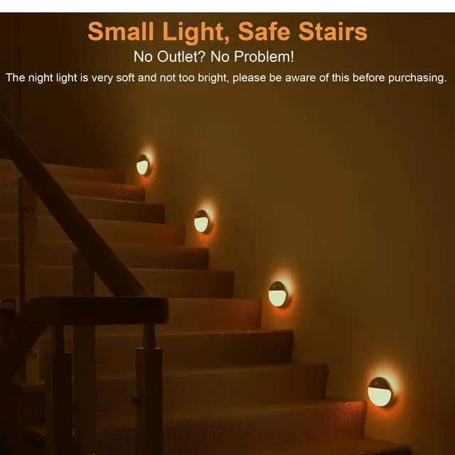 Alt view image 3 of 7 - 2 Pack Amber Night Light, Battery Operated Night Light, 2.6" Small Sticky Lights, Dimming, 3 Light Modes, Motion Sensor Lights for Kids, Baby, Sleep, Bedroom, Bathroom, Toilet, Travel, Stairs