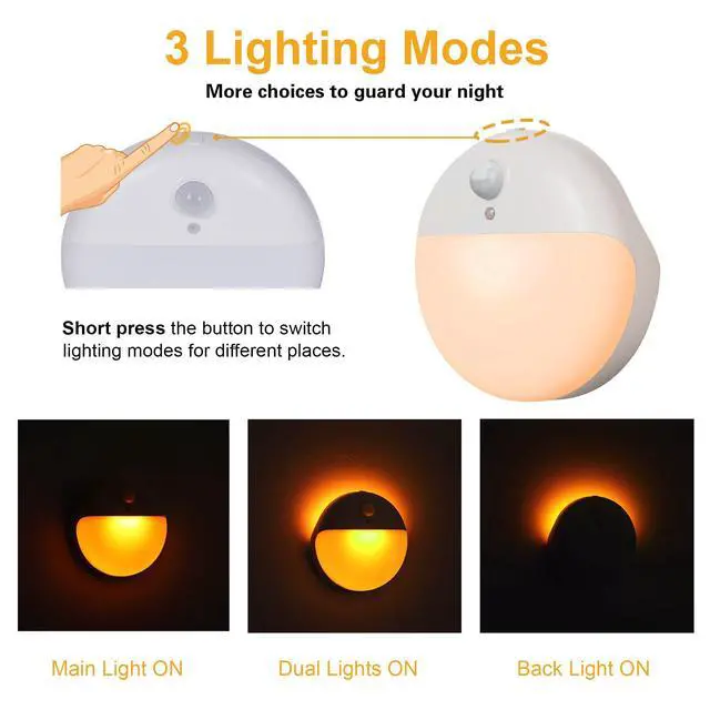 Alt view image 5 of 7 - 2 Pack Amber Night Light, Battery Operated Night Light, 2.6" Small Sticky Lights, Dimming, 3 Light Modes, Motion Sensor Lights for Kids, Baby, Sleep, Bedroom, Bathroom, Toilet, Travel, Stairs